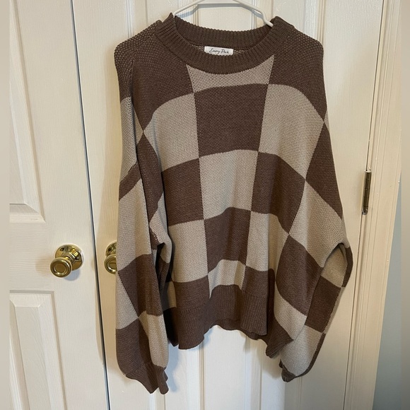 Emory Park Womens Medium Oversized Brown and Tan Checkered Long Sleeve Sweater - Picture 1 of 4